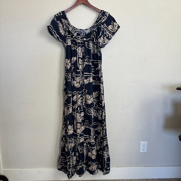 Hilo Hattie Dress Large Maxi Hawaiian Floral Off Shoulder Luau Pockets Cotton - Picture 1 of 10